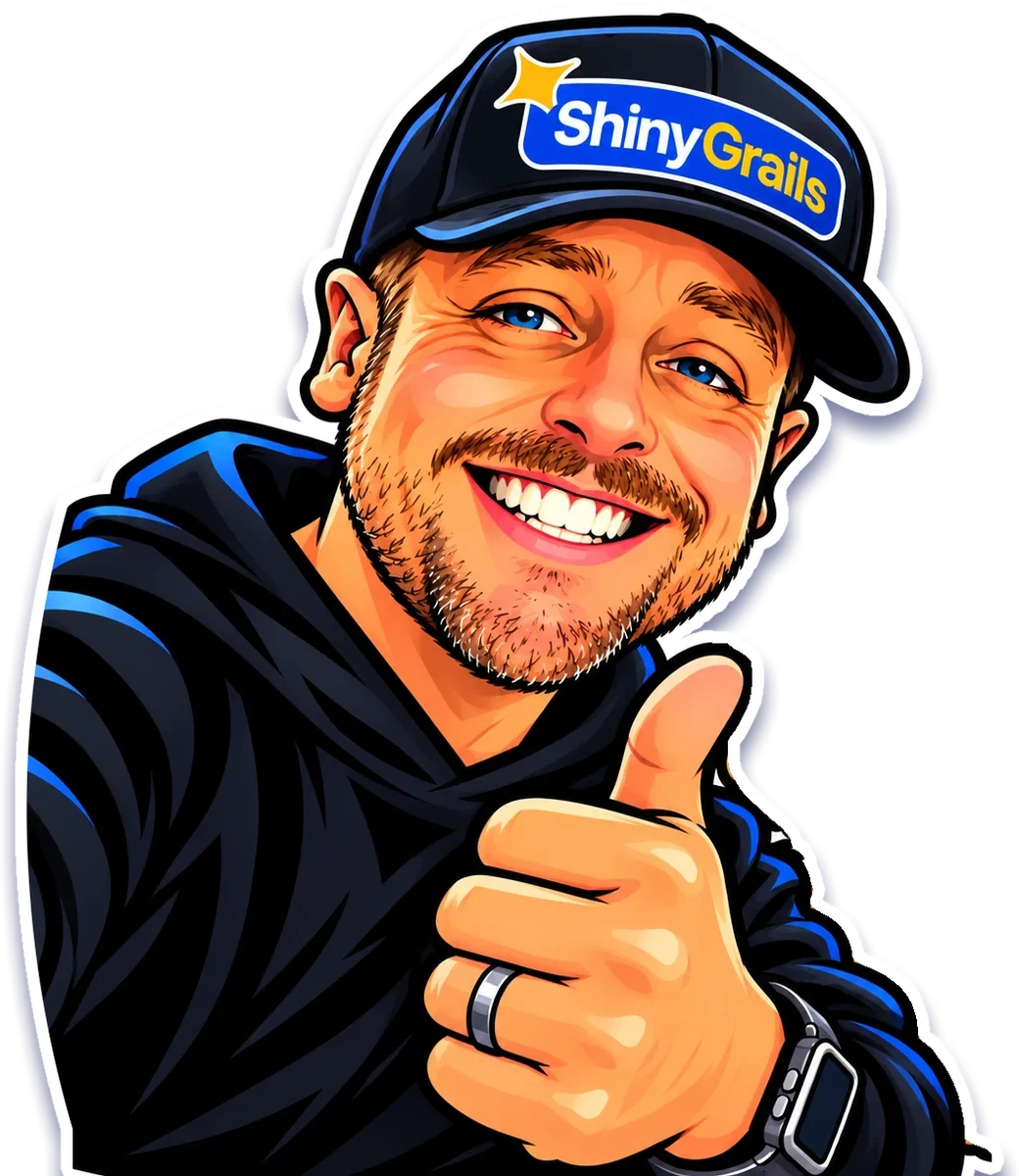 A cartoon of Marcus in a ShinyGrails cap, giving a thumbs up
